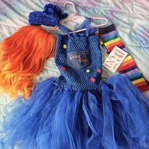 Girls Chucky Costume Blue Tutu Costume with Orange Wig